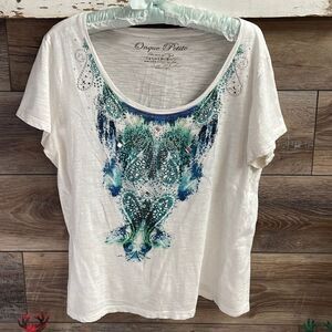 Onque Petite Ladies Top with Bling, Size PXL, White and Blue, Silver Bling